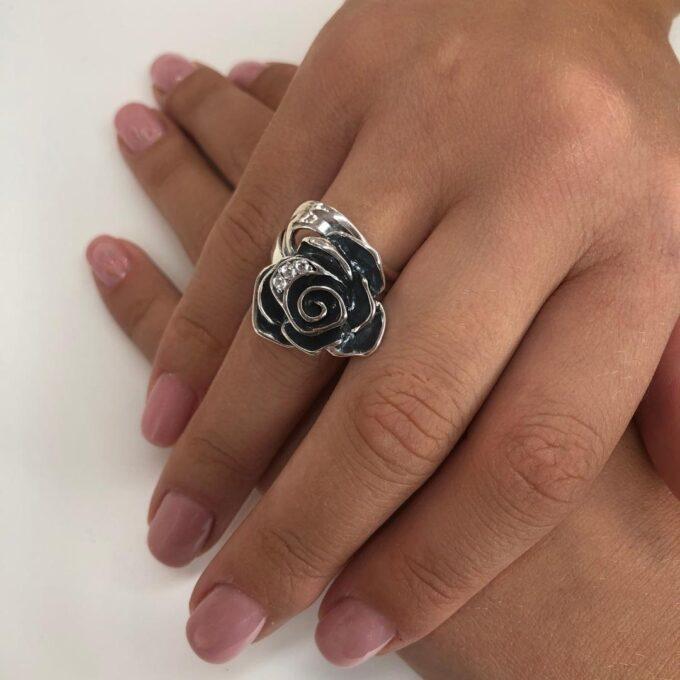 Сребърен пръстен Роза с циркони 689R Студио Николас Ръчно изработен масивен авторски уникален пръстен от сребро с цвете и циркони
