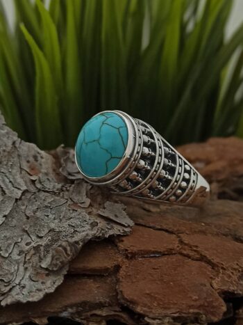 Мъжки сребърен пръстен с черепи и тюркоаз
