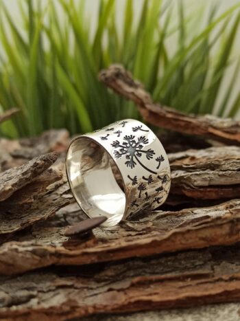 Масивен сребърен пръстен с нежни глухарчета