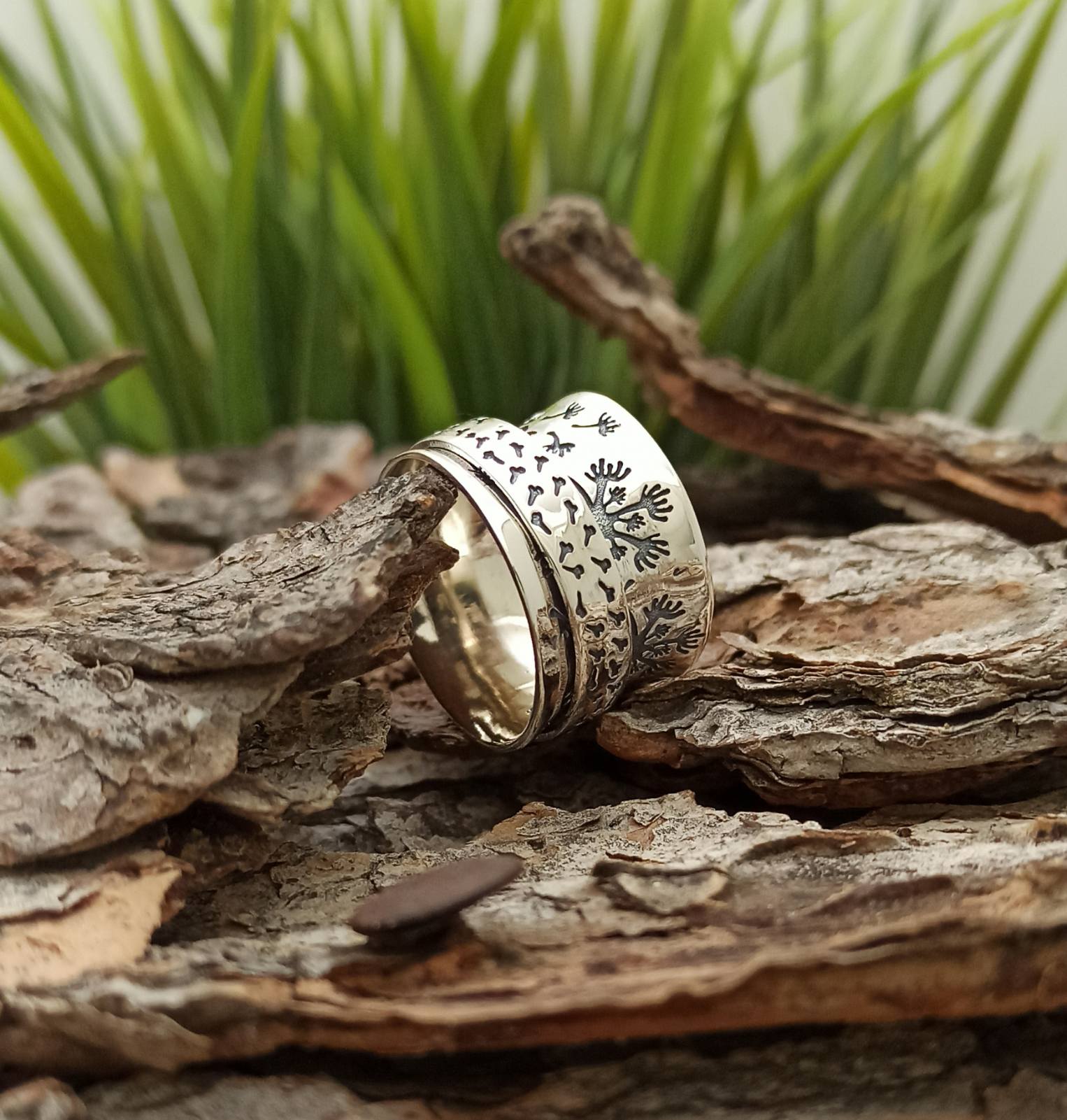 Двоен пръстен от сребро с глухарчета