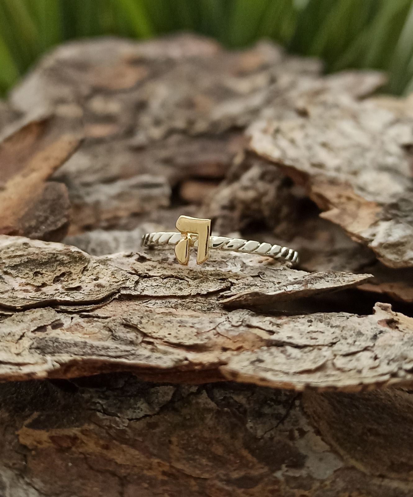 Сребърен пръстен със златна буква "Хей"